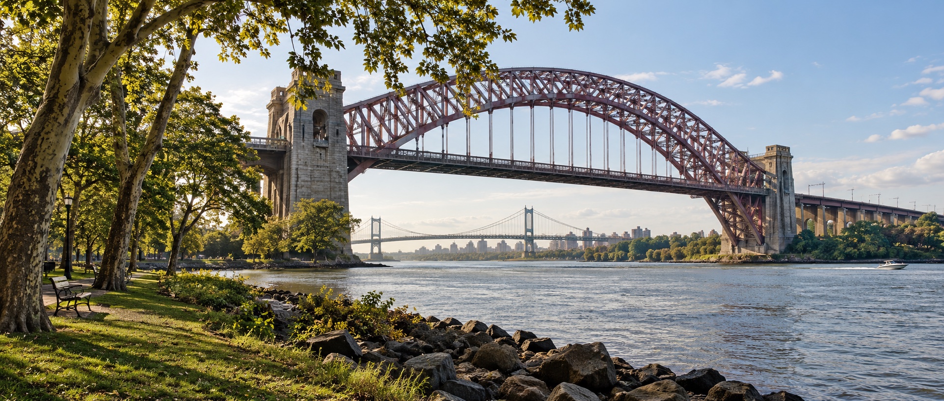 An illustrative view of the Hell Gate Bridge over the East River from Astoria Park.