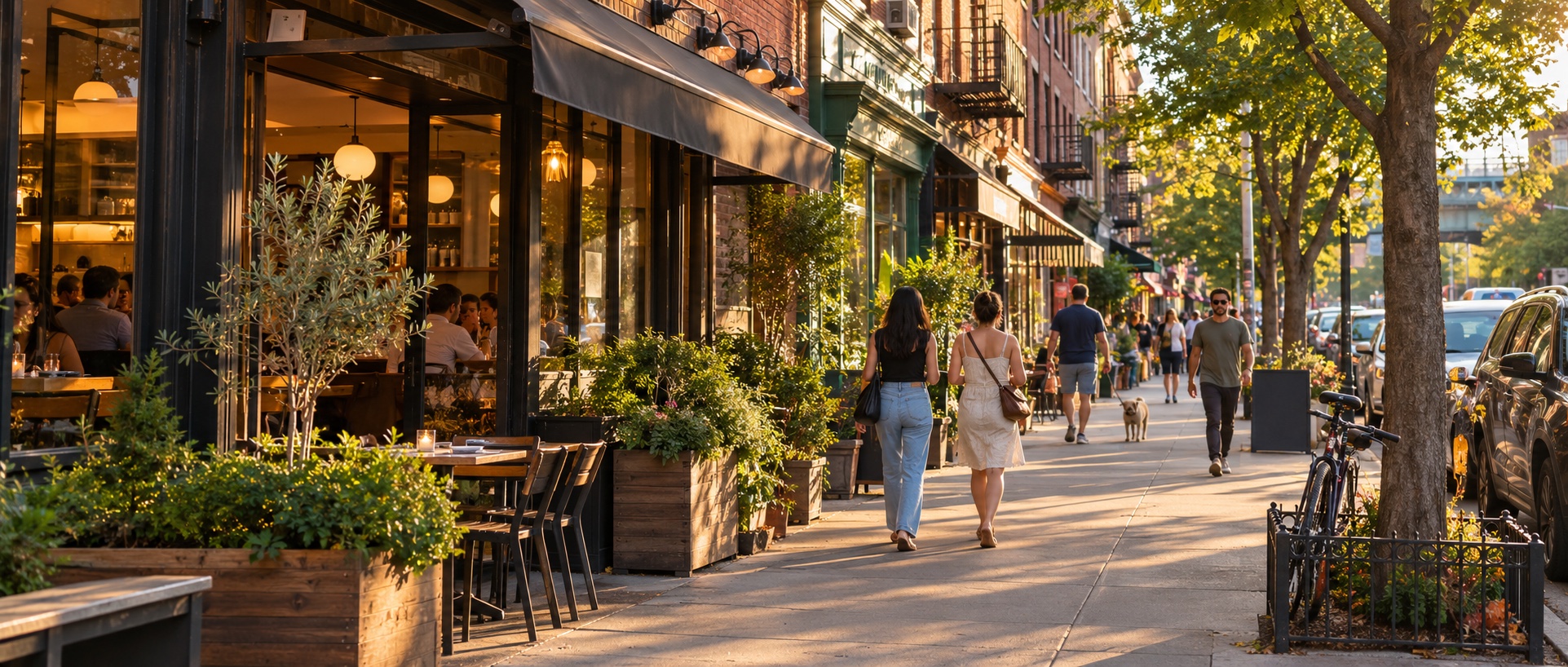 An illustrative Astoria shopping street with neighborhood storefronts and pedestrians.