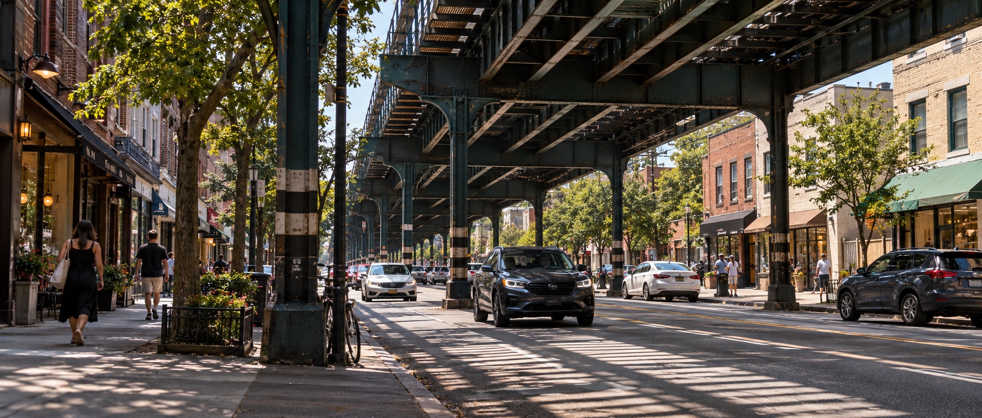 An illustrative Astoria street beneath the elevated subway, with local storefronts and traffic.